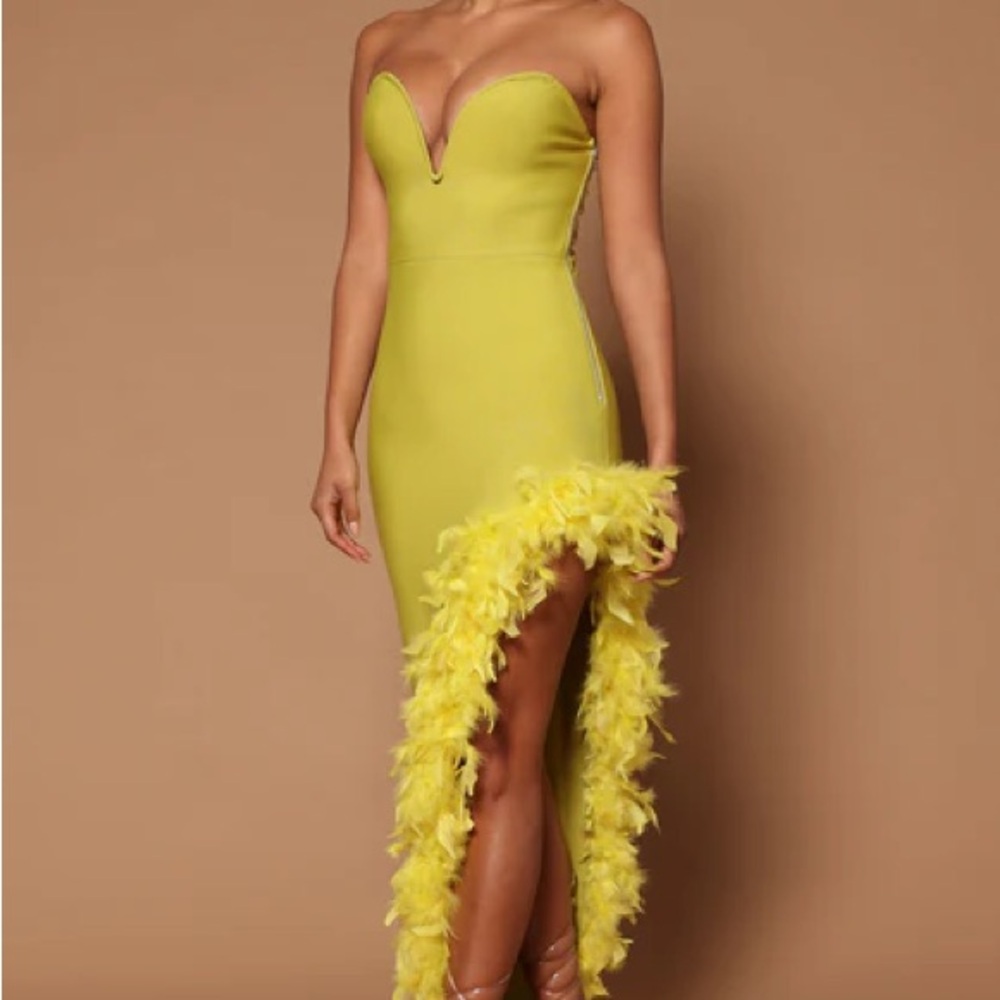 Fashion Nova Strapless Yellow Dress with Feather Detail